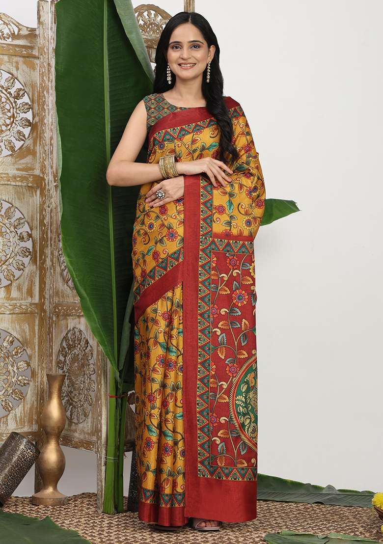Mustard Printed Silk Blend Saree Set for Diwali and Festive Wear - Indya