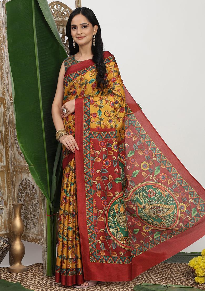 Mustard Printed Silk Saree Set - Indya