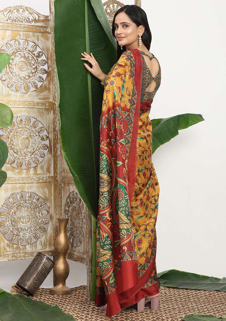 Mustard Printed Silk Blend Saree Set for Diwali and Festive Wear - Indya