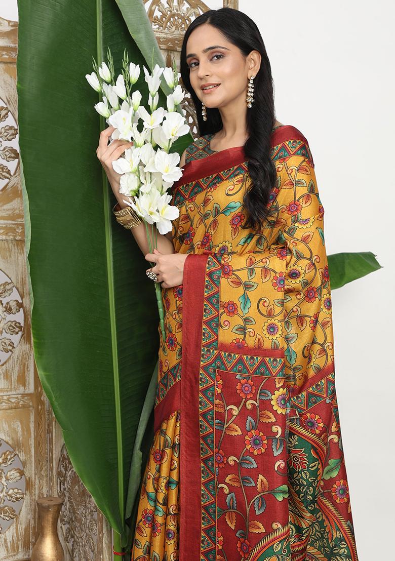 Mustard Printed Silk Saree Set - Indya