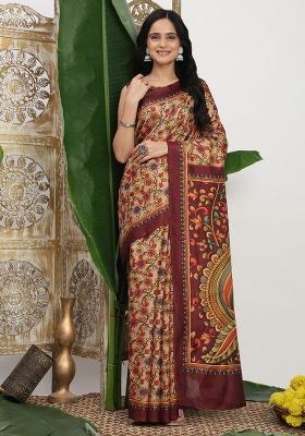 Beige Printed Silk Saree Set
