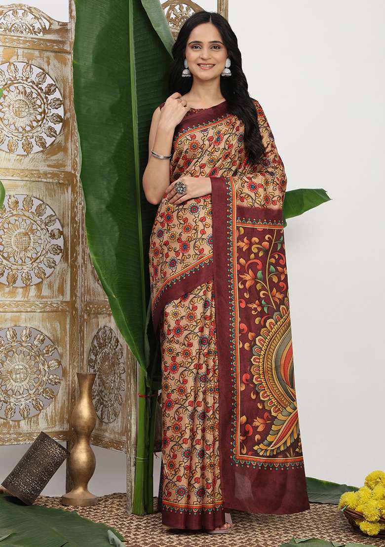 Beige Printed Silk Blend Saree Set for Diwali and Festive Wear - Indya