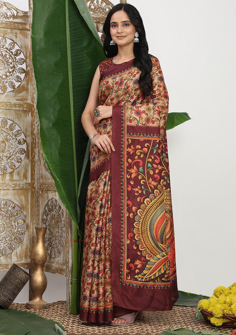 Beige Printed Silk Saree Set - Indya
