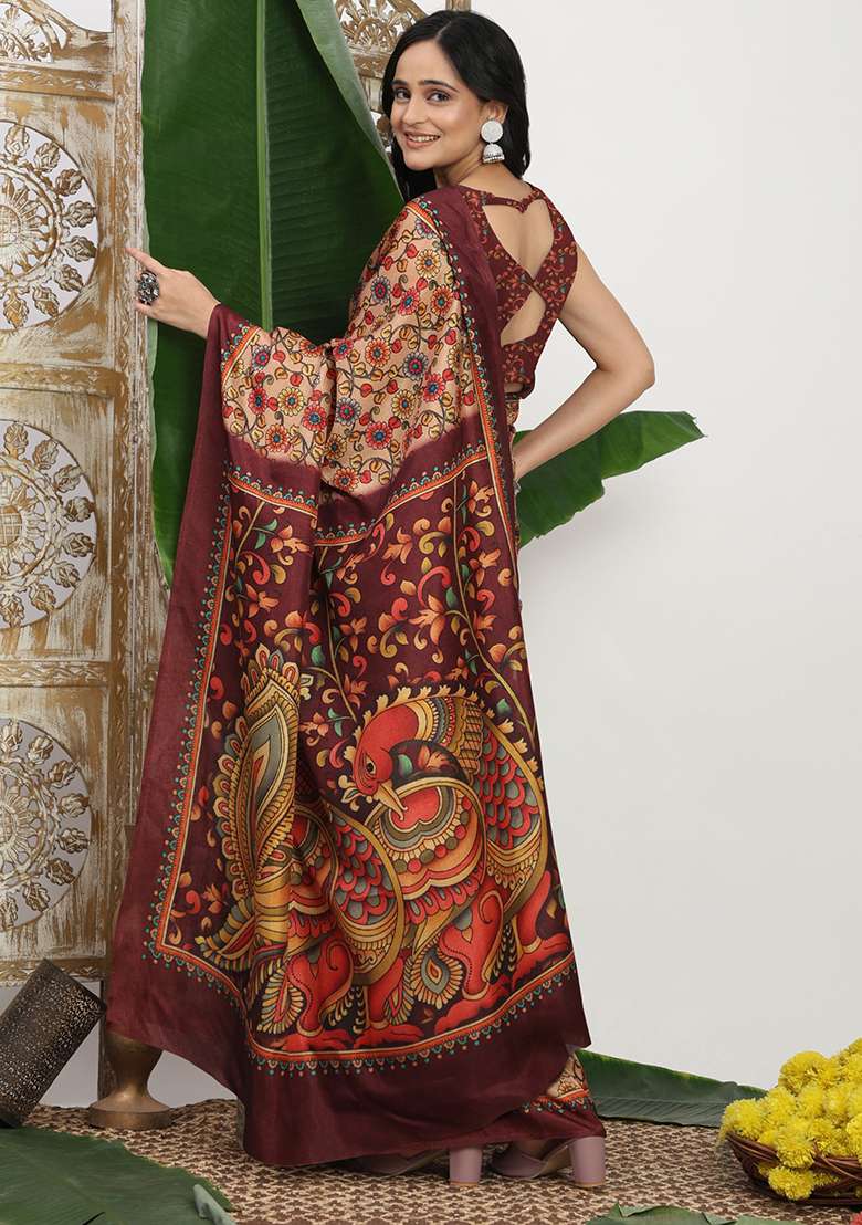 Beige Printed Silk Blend Saree Set for Diwali and Festive Wear - Indya