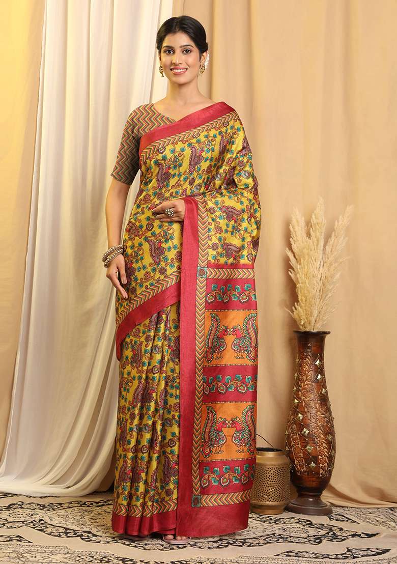 Yellow Silk Blend Saree Set with Printed for Diwali | Wedding & Festive Wear - Indya