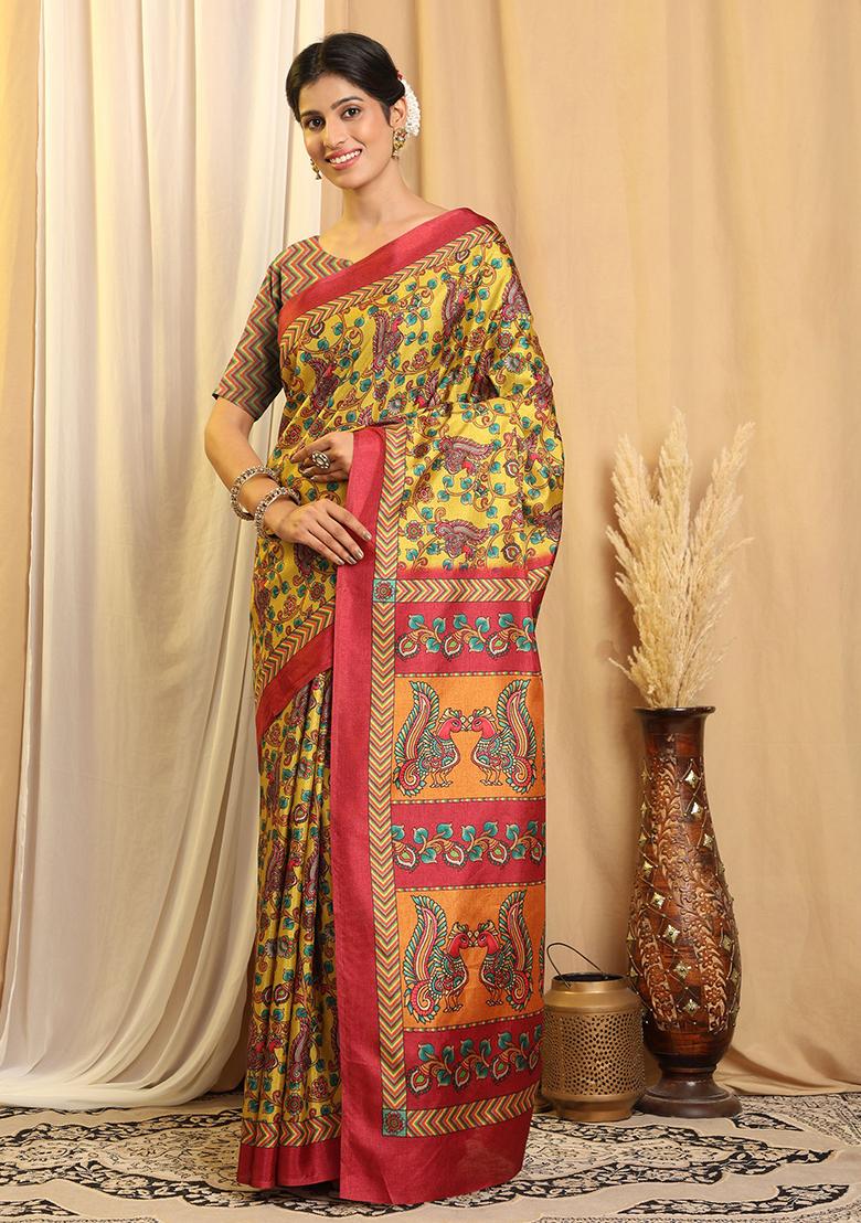 Yellow Printed Silk Saree Set - Indya