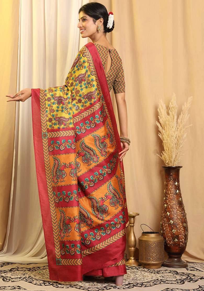 Yellow Silk Blend Saree Set with Printed for Diwali | Wedding & Festive Wear - Indya