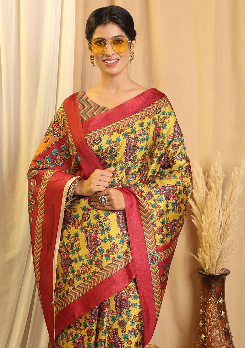 Yellow Printed Silk Saree Set - Indya
