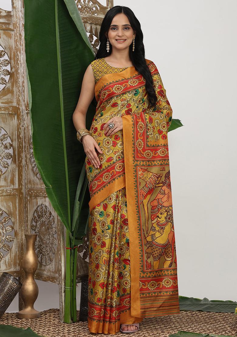 Yellow Printed Silk Saree Set - Indya