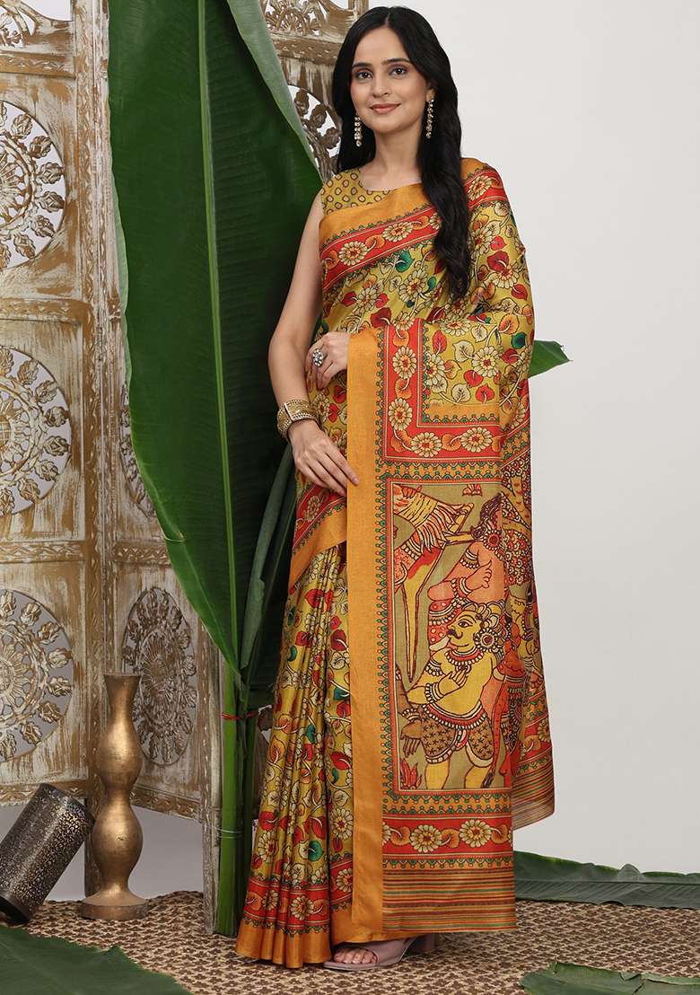 Yellow Silk Blend Saree Set with Printed for Diwali | Wedding & Festive Wear - Indya