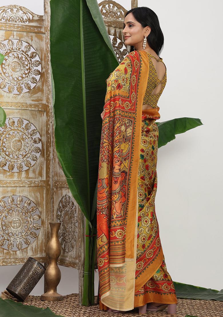 Yellow Printed Silk Saree Set - Indya