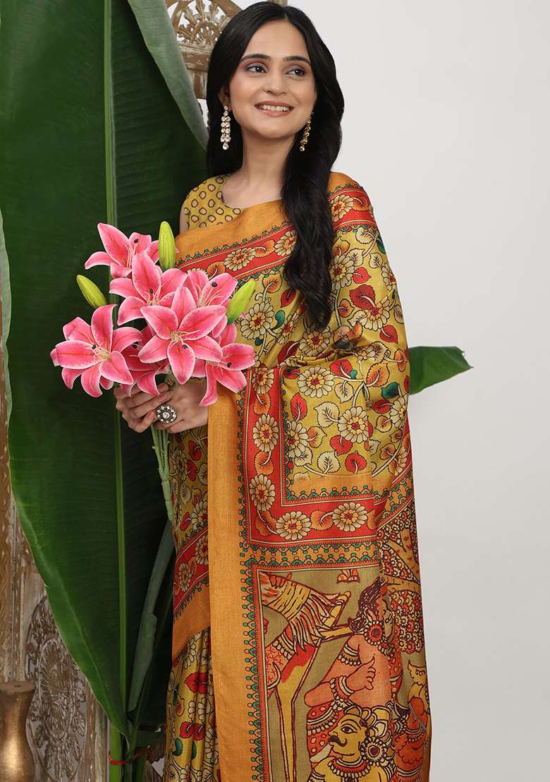 Yellow Silk Blend Saree Set with Printed for Diwali | Wedding & Festive Wear - Indya