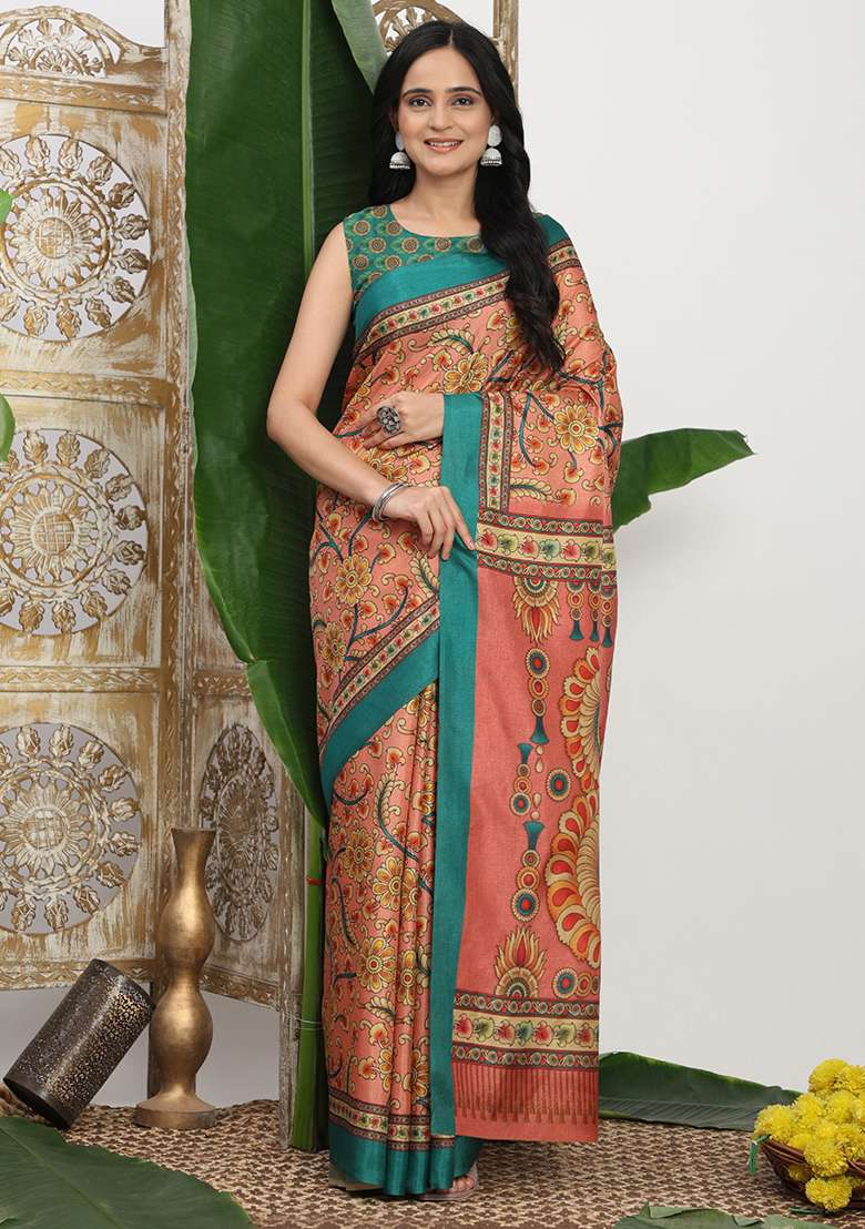 Pink Silk Blend Saree Set with Printed for Diwali | Wedding & Festive Wear - Indya
