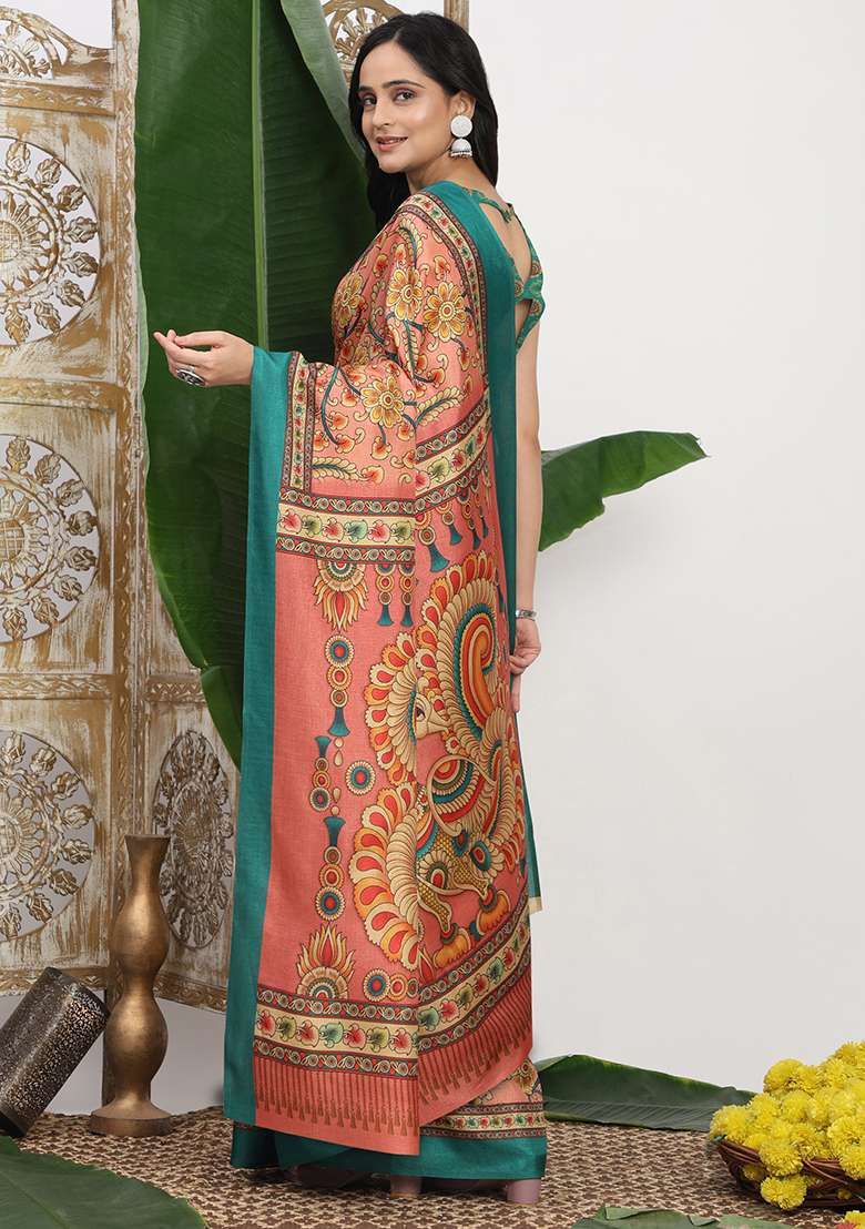 Pink Silk Blend Saree Set with Printed for Diwali | Wedding & Festive Wear - Indya