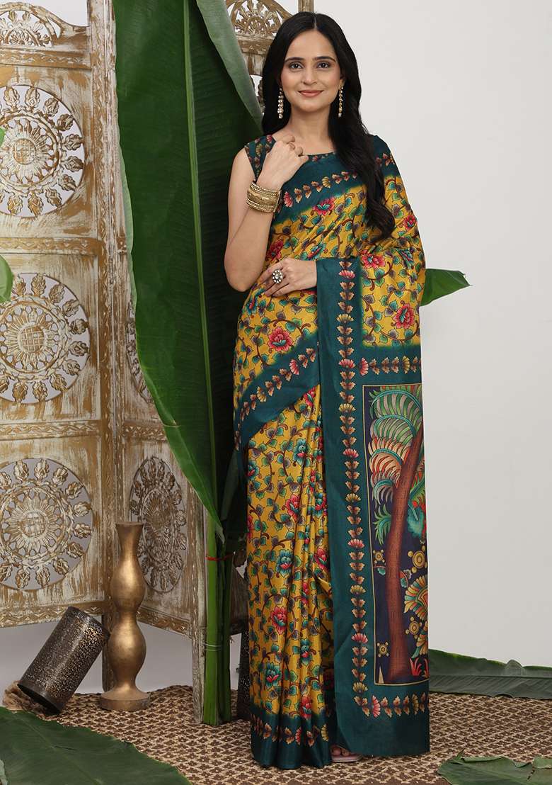 Yellow Printed Silk Blend Saree Set for Diwali and Festive Wear - Indya