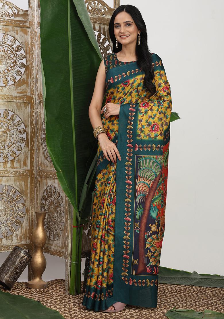 Yellow Printed Silk Saree Set - Indya