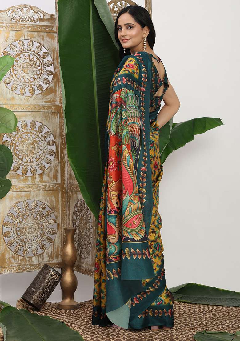Yellow Printed Silk Blend Saree Set for Diwali and Festive Wear - Indya