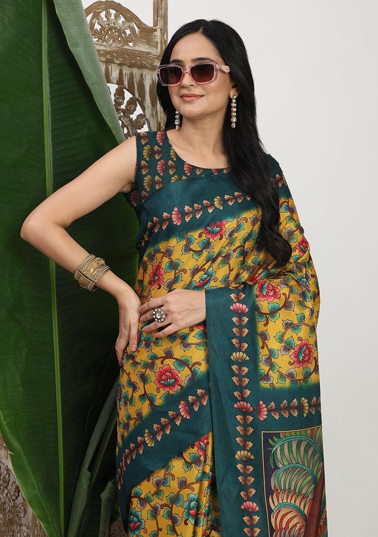 Yellow Printed Silk Saree Set - Indya