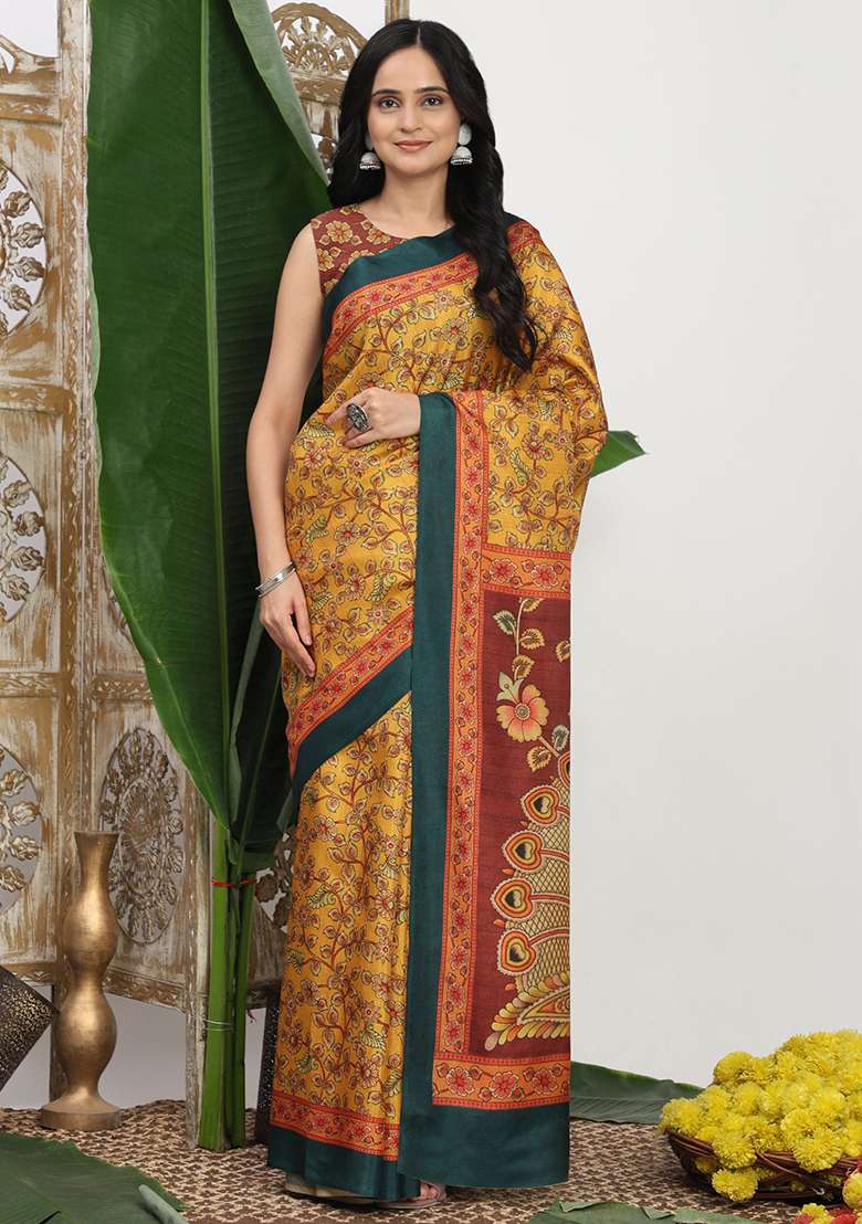 Yellow Silk Blend Saree Set with Printed for Diwali | Wedding & Festive Wear - Indya