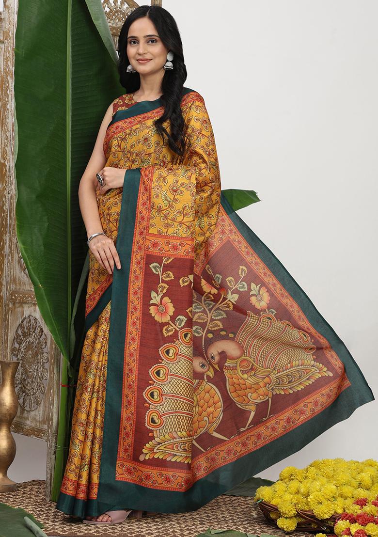 Yellow Printed Silk Saree Set - Indya