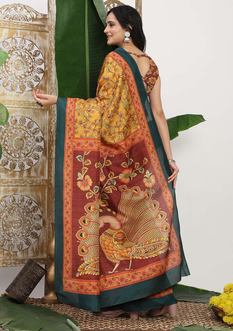 Yellow Silk Blend Saree Set with Printed for Diwali | Wedding & Festive Wear - Indya