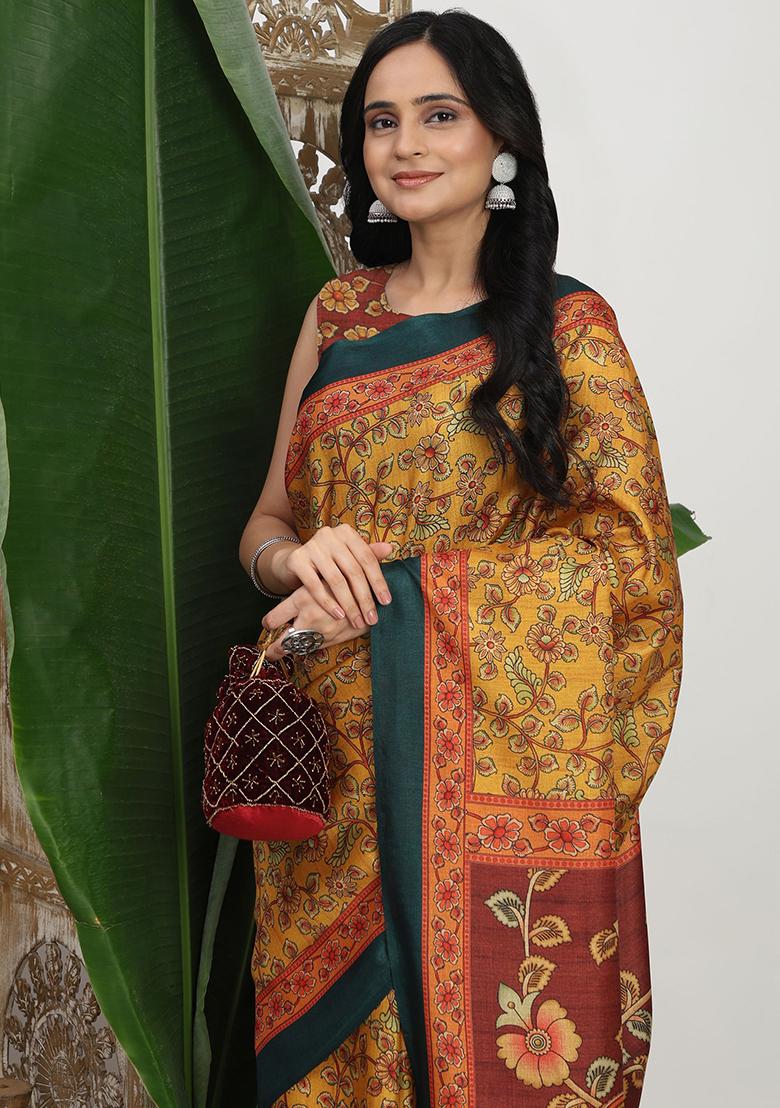 Yellow Printed Silk Saree Set - Indya
