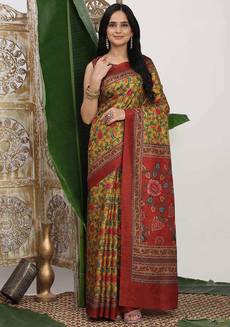 Yellow Silk Blend Saree Set with Printed for Diwali | Wedding & Festive Wear - Indya