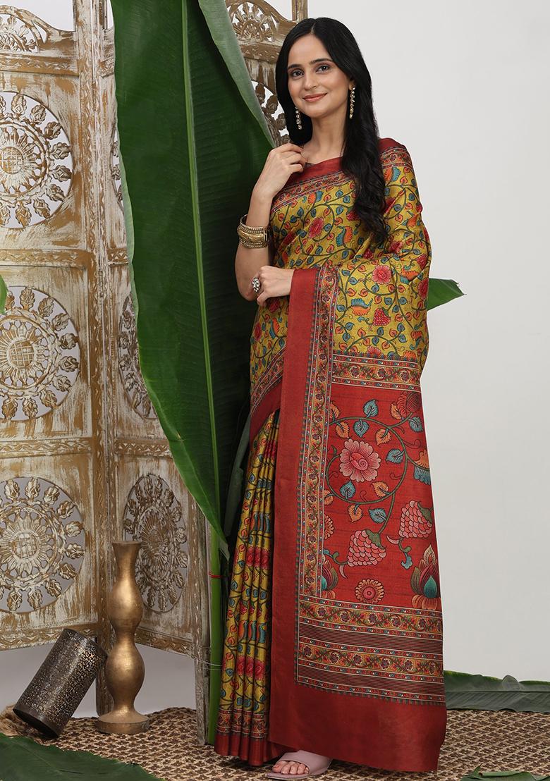 Yellow Printed Silk Saree Set - Indya