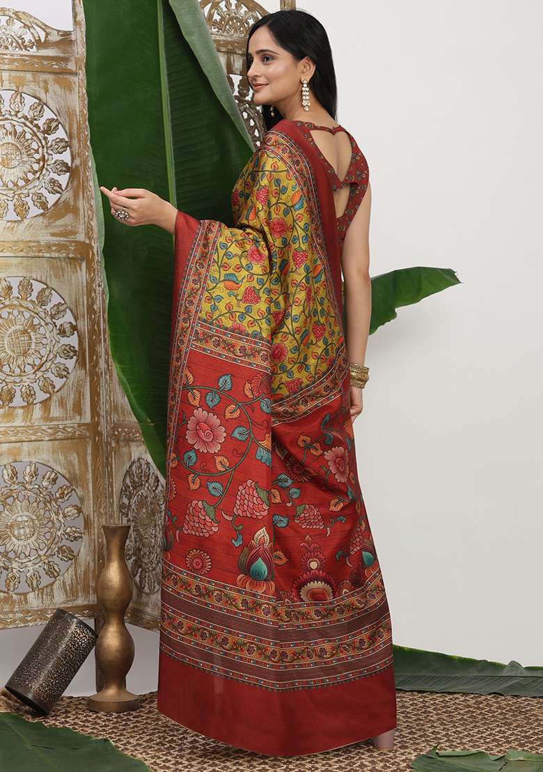 Yellow Silk Blend Saree Set with Printed for Diwali | Wedding & Festive Wear - Indya