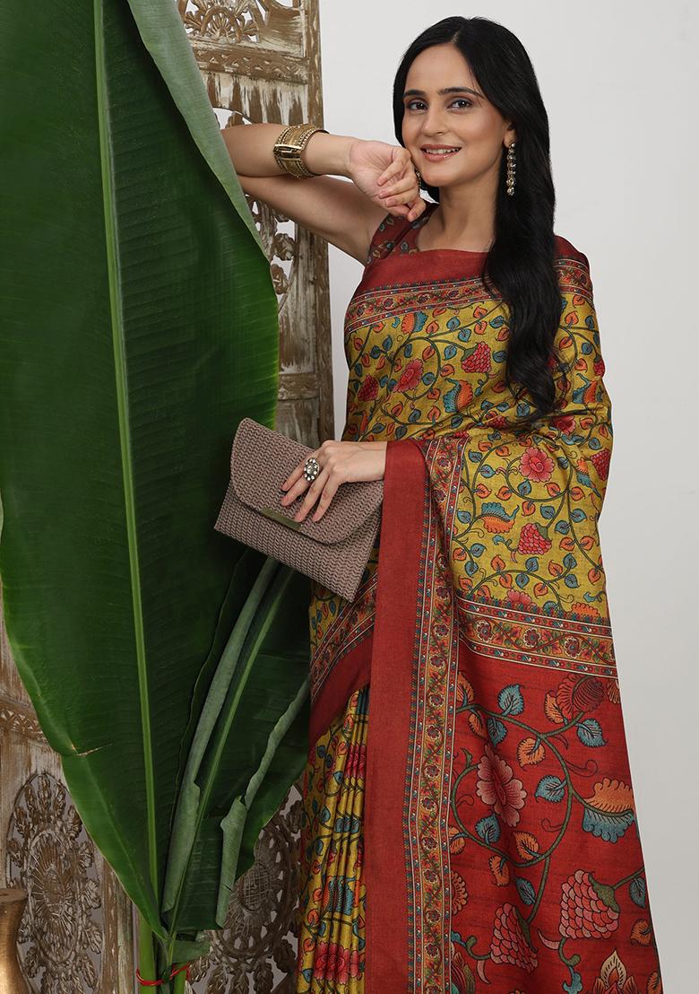 Yellow Printed Silk Saree Set - Indya