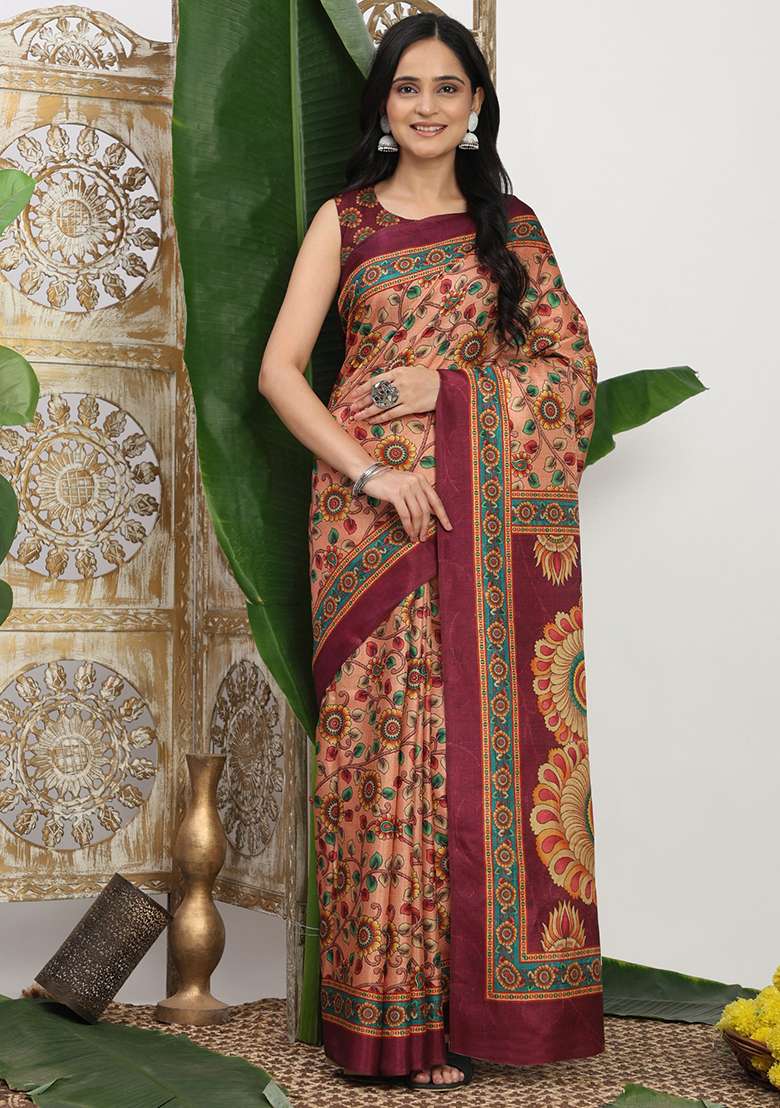 Pink Printed Silk Blend Saree Set for Diwali and Festive Wear - Indya