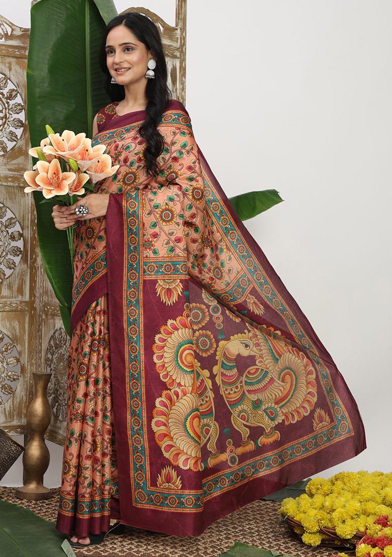 Pink Printed Silk Saree Set - Indya