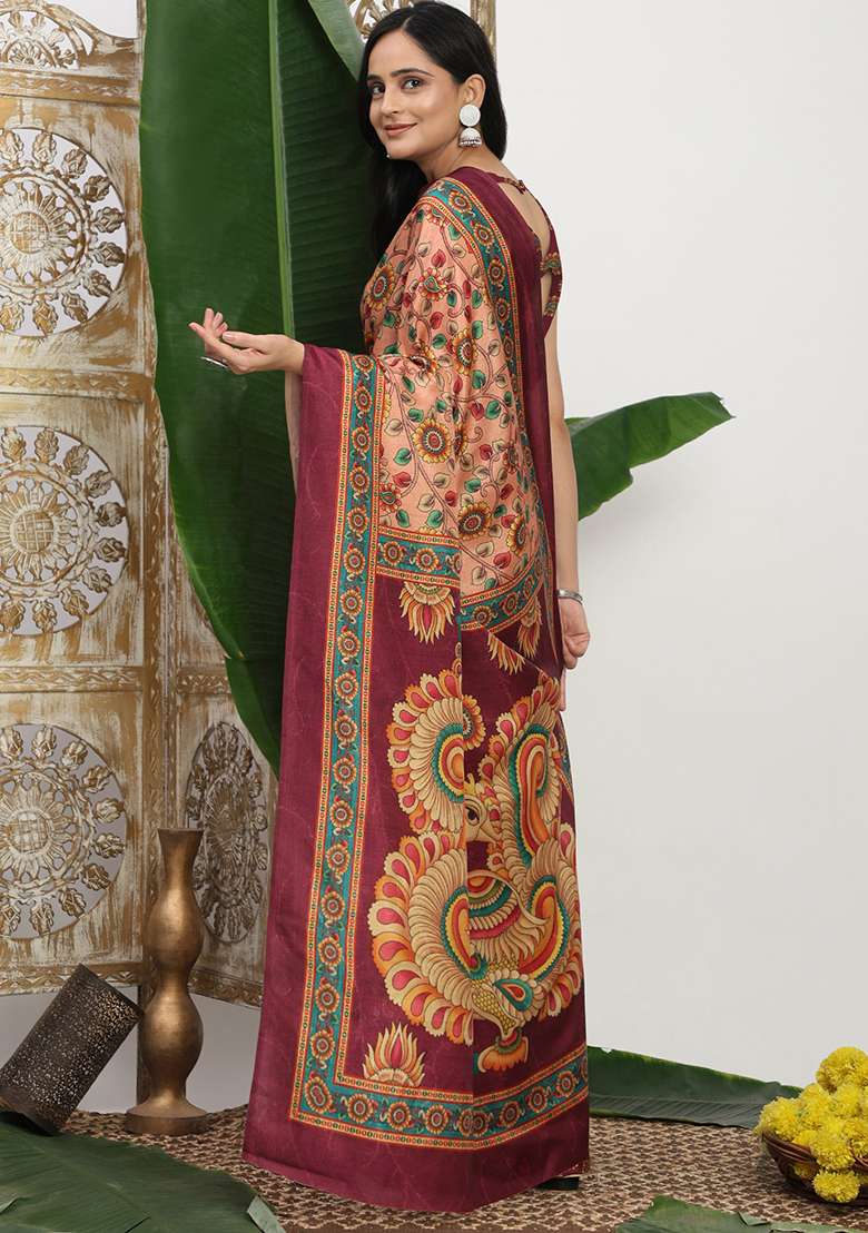 Pink Printed Silk Blend Saree Set for Diwali and Festive Wear - Indya