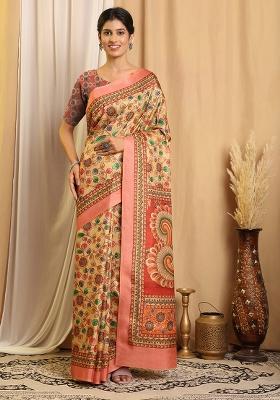 Beige Printed Silk Saree Set