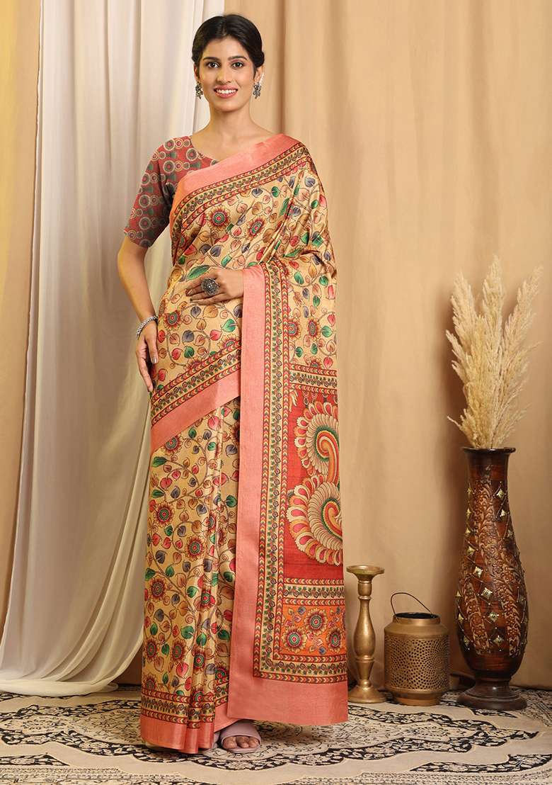 Beige Silk Blend Saree Set with Printed for Diwali | Wedding & Festive Wear - Indya