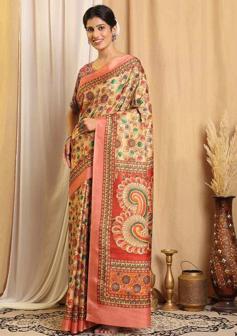 Beige Printed Silk Saree Set - Indya