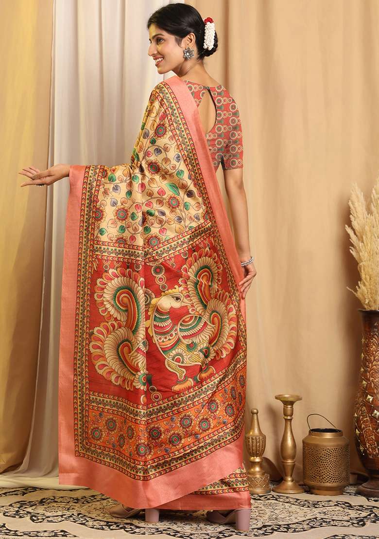 Beige Silk Blend Saree Set with Printed for Diwali | Wedding & Festive Wear - Indya