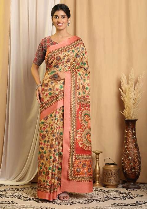 Beige Silk Blend Saree Set with Printed for Diwali | Wedding & Festive Wear