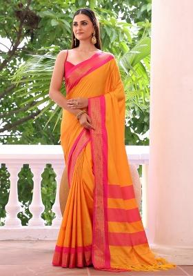 Orange Solid Silk Blend Saree Set