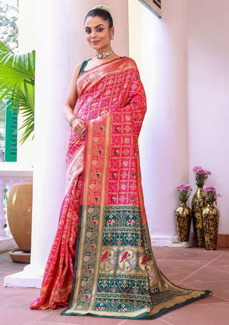 Pink Solid Silk Blend Saree Set - Indya