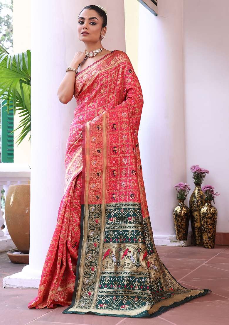 Pink Solid Silk Blend Saree Set - Indya