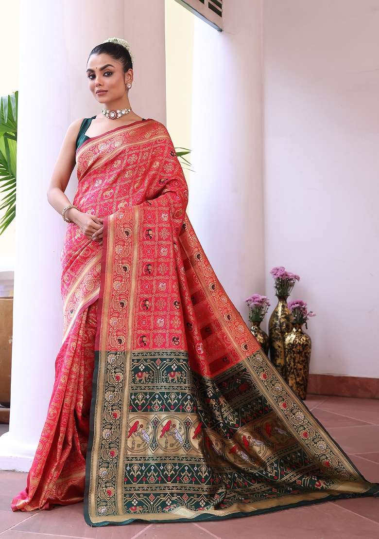 Pink Solid Silk Blend Saree Set - Indya