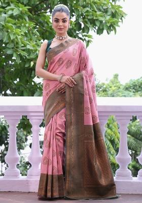 Pink Solid Silk Blend Saree Set