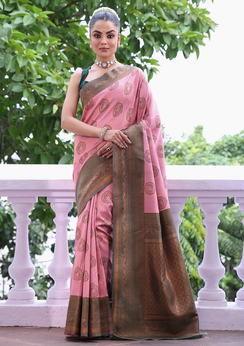 Pink Solid Silk Blend Saree Set