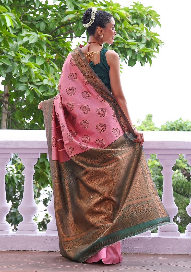 Pink Solid Silk Blend Saree Set