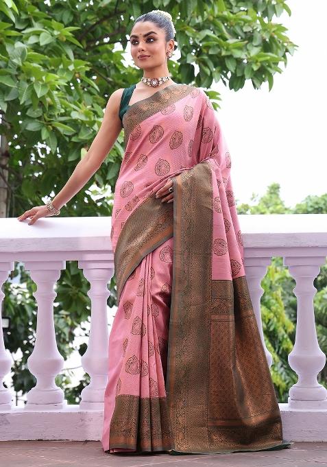 Pink Solid Silk Blend Saree Set