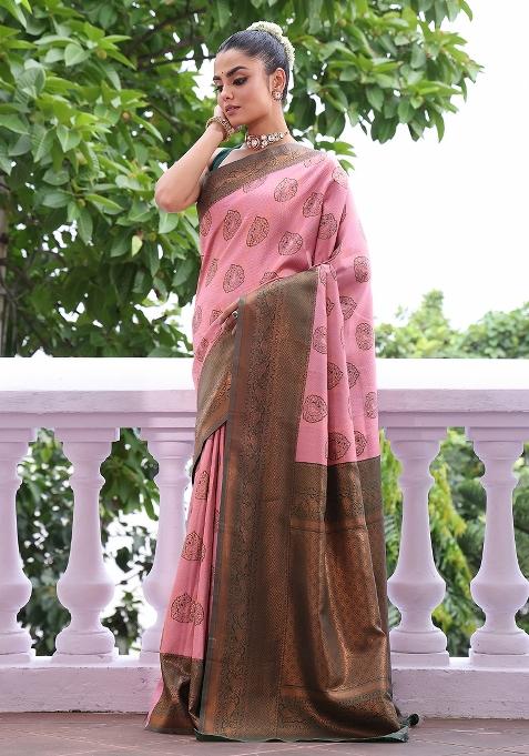 Pink Solid Silk Blend Saree Set