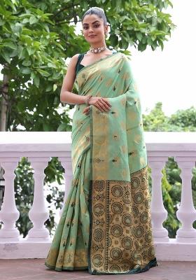 Green Solid Silk Blend Saree Set