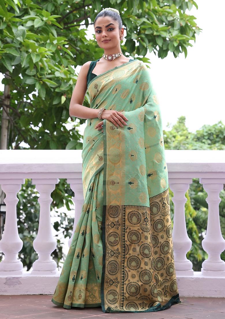 Green Solid Silk Blend Saree Set