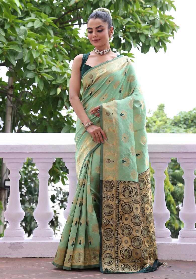 Green Solid Silk Blend Saree Set